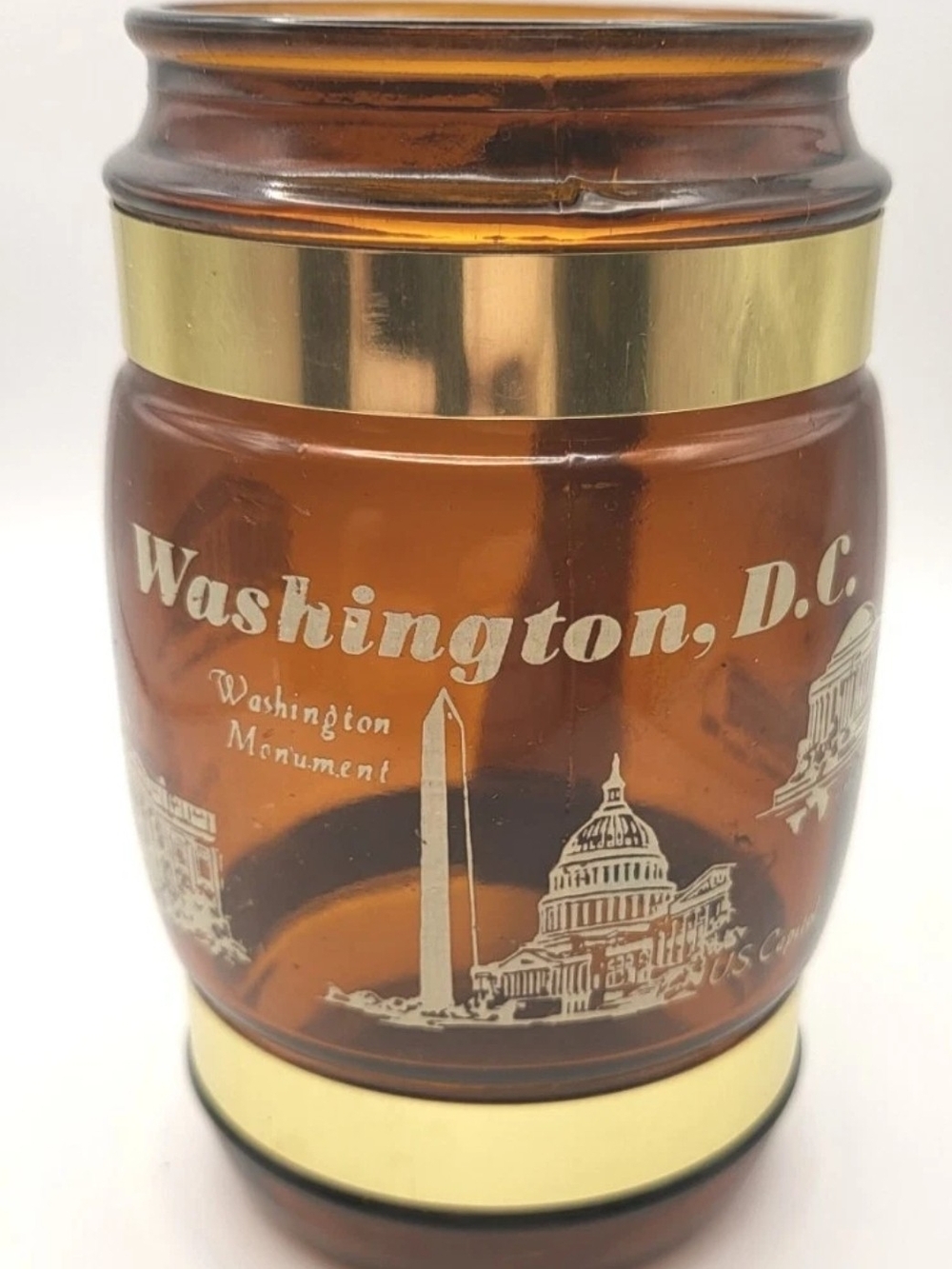 Vintage ~ Souvenir Washington, DC Glass Barrel Mug W/ Wooden Handle ~ Brown
